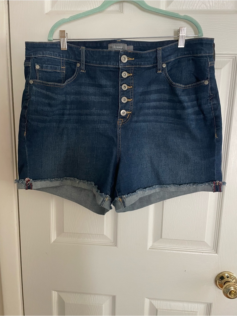 torrid dark blue button-front denim shorts